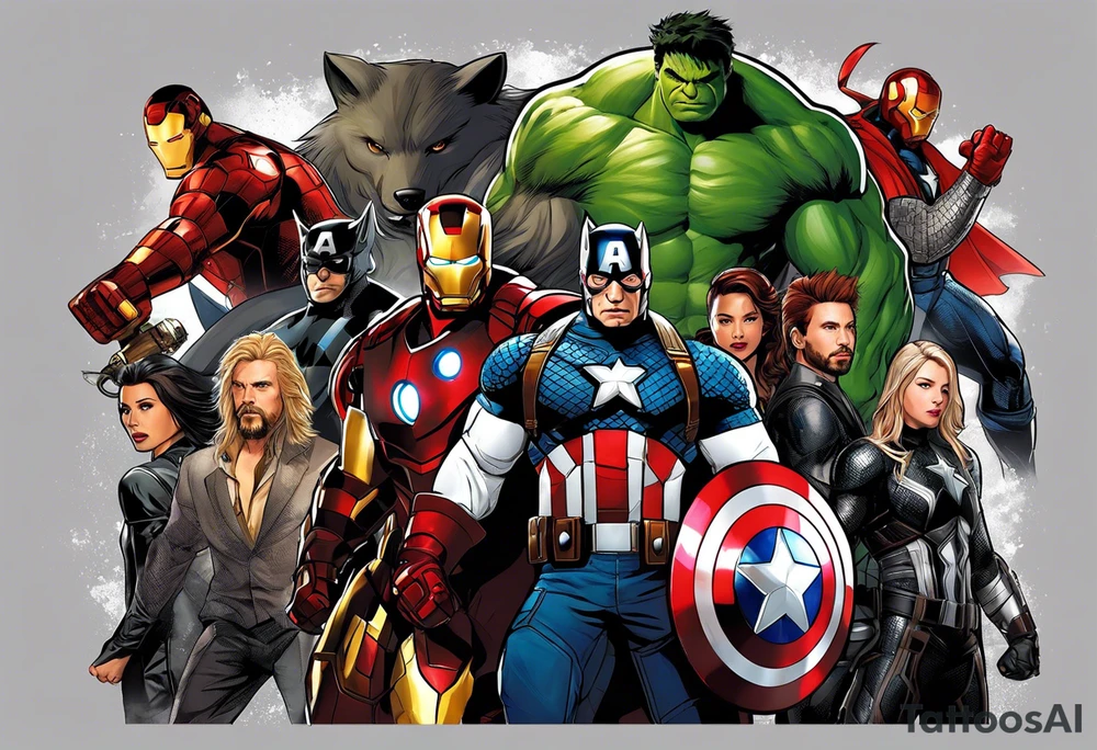 I want to change Avengers Team characters with animals. Hulk will be Badger, Thor will be Alpha Grey Wolf, Captain America will be Bull, Iron Man will be Canary, Black Widow will be Axolotl, Hawk Eye will be Sudan Plated Lizard and Nick Fury will be Cat. tattoo idea