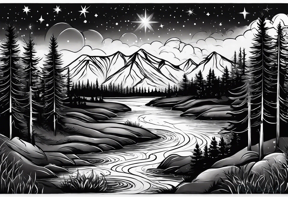 nature tattoo with river mountains a few trees with the stars and constellations of the night I met her with the words " I knew the moment I saw her"
 
imsert the words I knew the moment I saw her tattoo idea