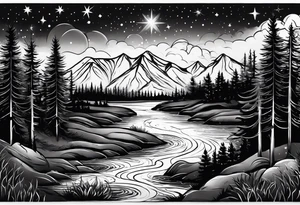 nature tattoo with river mountains a few trees with the stars and constellations of the night I met her with the words " I knew the moment I saw her"
 
imsert the words I knew the moment I saw her tattoo idea
