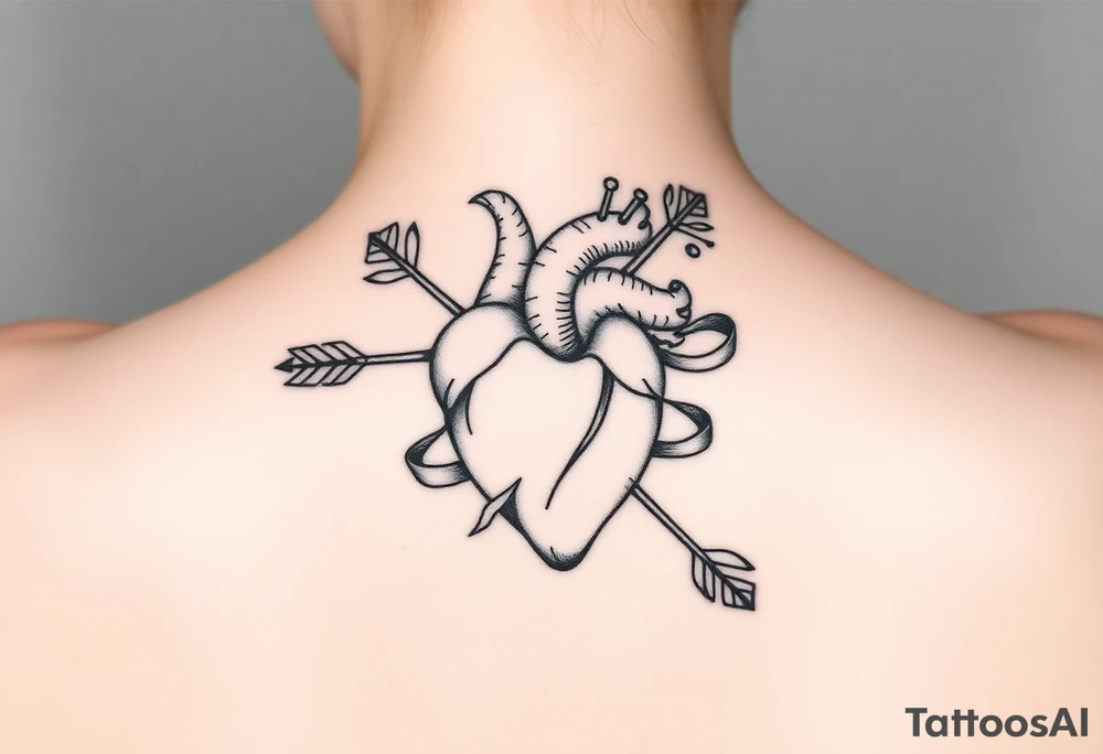anatomical heart pierced by ornate arrow with flowing ribbons tattoo idea