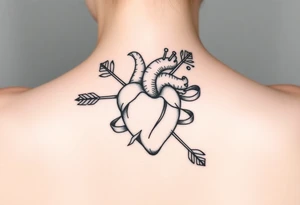 anatomical heart pierced by ornate arrow with flowing ribbons tattoo idea
