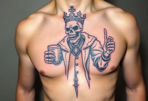 evil skeleton king in clothes having a good time getting drunk tattoo idea
