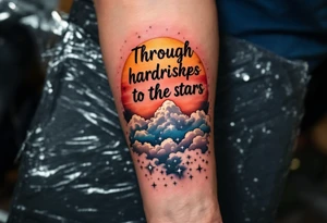 Inked in a burning gradient from red to orange, the quote “Through hardships to the stars” rises over storm clouds into twinkling silver stars. tattoo idea