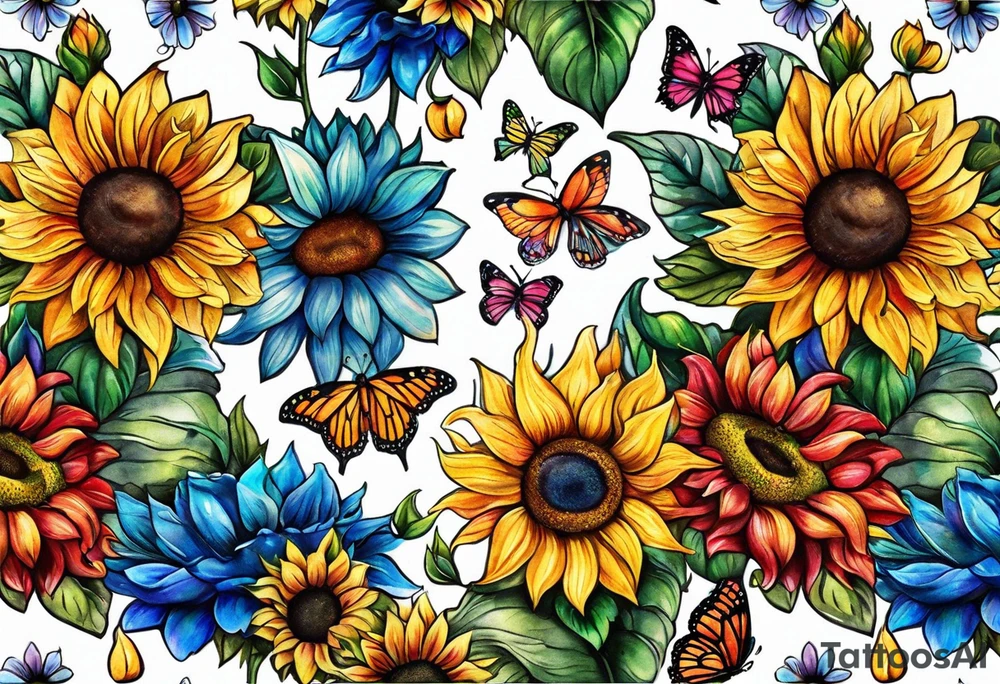 Memorial arm sleeve for mom with rainbow sunflowers and butterflies tattoo idea
