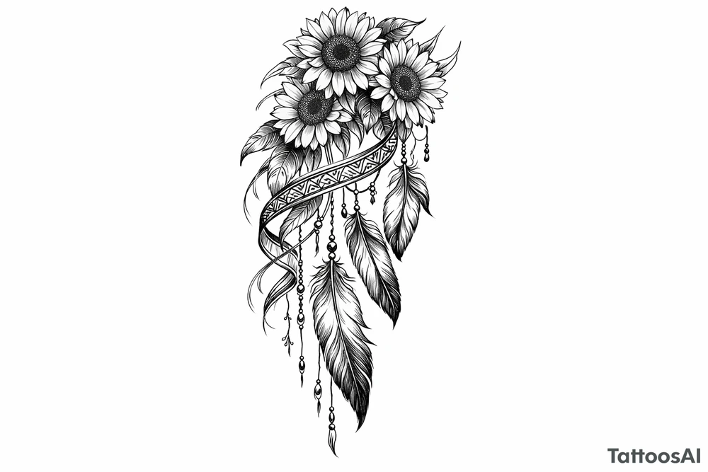 Cascading Sunflowers with Indian feathers and Indian ribbon tattoo idea