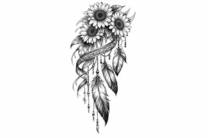 Cascading Sunflowers with Indian feathers and Indian ribbon tattoo idea