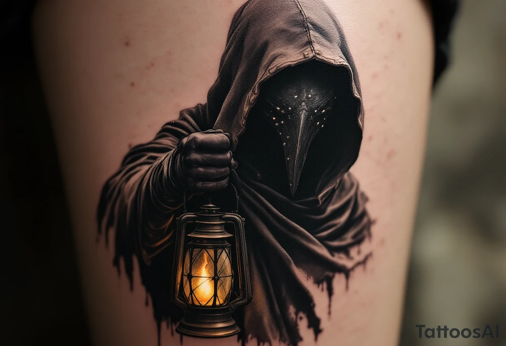 Medieval Plague Doctor with Lantern – A shadowy plague doctor in a worn-out dark brown cloak, holding an old brass lantern with a flickering warm yellow candlelight inside. The beaked mask is deep black with silver rivets. tattoo idea