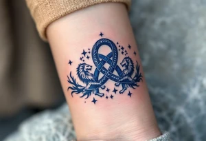 A midnight blue infinity knot interlaced with stars and guarded by two facing guardian lions. tattoo idea