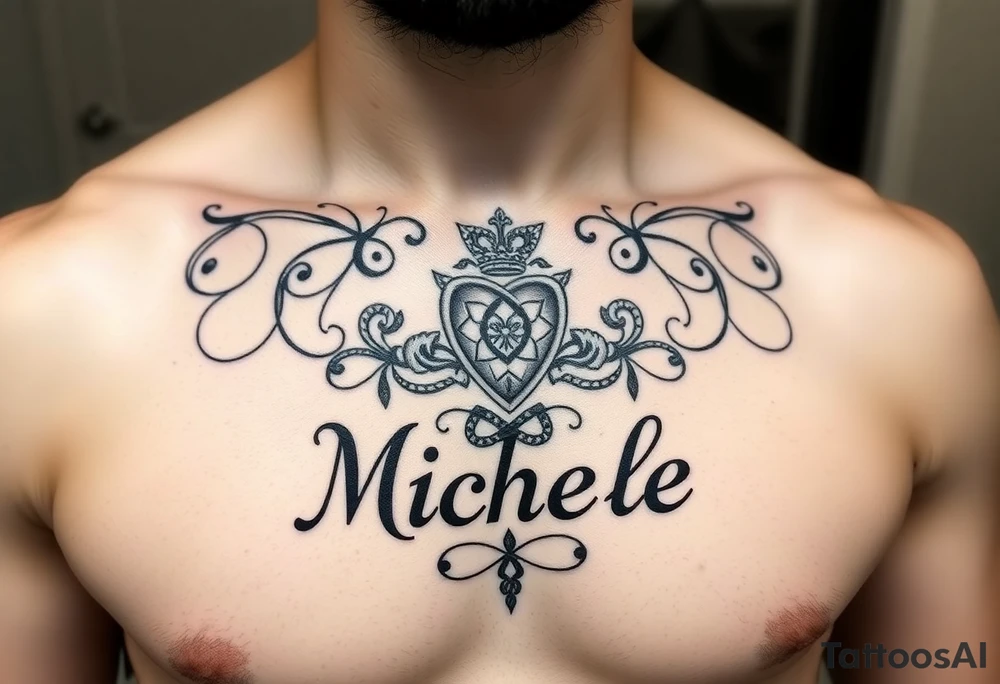 Create a tattoo on a man’s chest if a woman’s name. Claddagh and the name Michelle. Irish themed with Celtic knot design throughout. tattoo idea