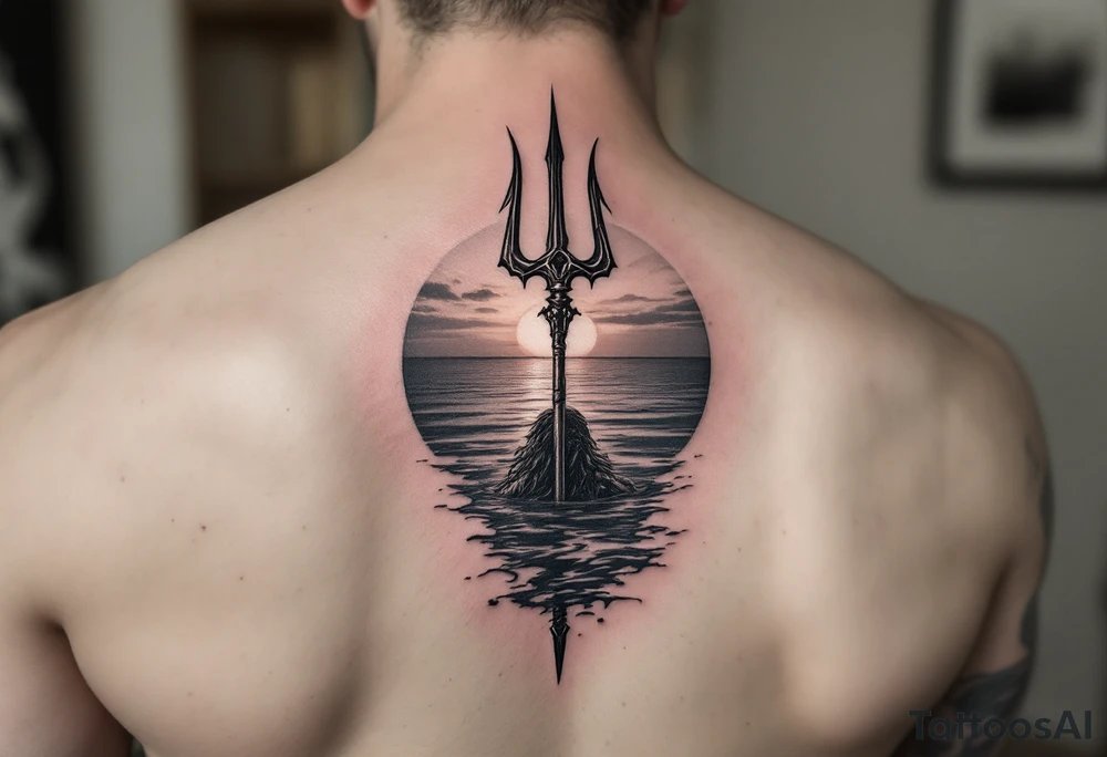 trident with Poseidon half way under calm water at sunset tattoo idea