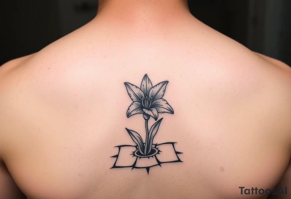 bathroom with lily coming up out of tile floor tattoo idea