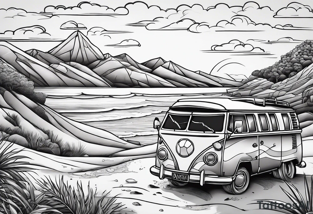 Beach with hills behind, a rugby ball, wine bottle and book on the beach, a plane in the sky and a campervan tattoo idea