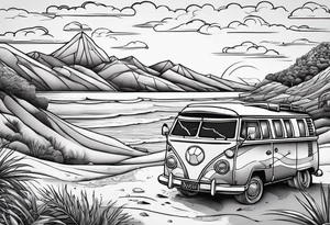 Beach with hills behind, a rugby ball, wine bottle and book on the beach, a plane in the sky and a campervan tattoo idea