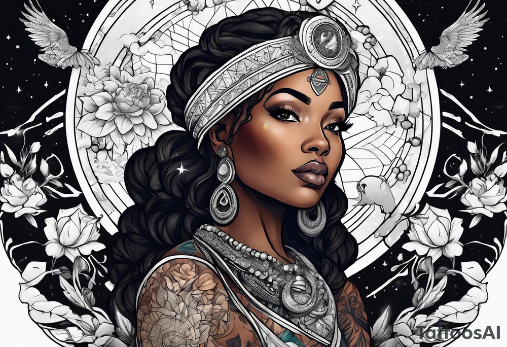 Black woman, enlightenment, wisdom, astronomy, cancer zodiac, natural, full arm tattoo idea