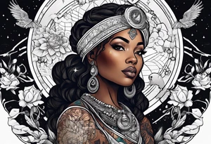 Black woman, enlightenment, wisdom, astronomy, cancer zodiac, natural, full arm tattoo idea