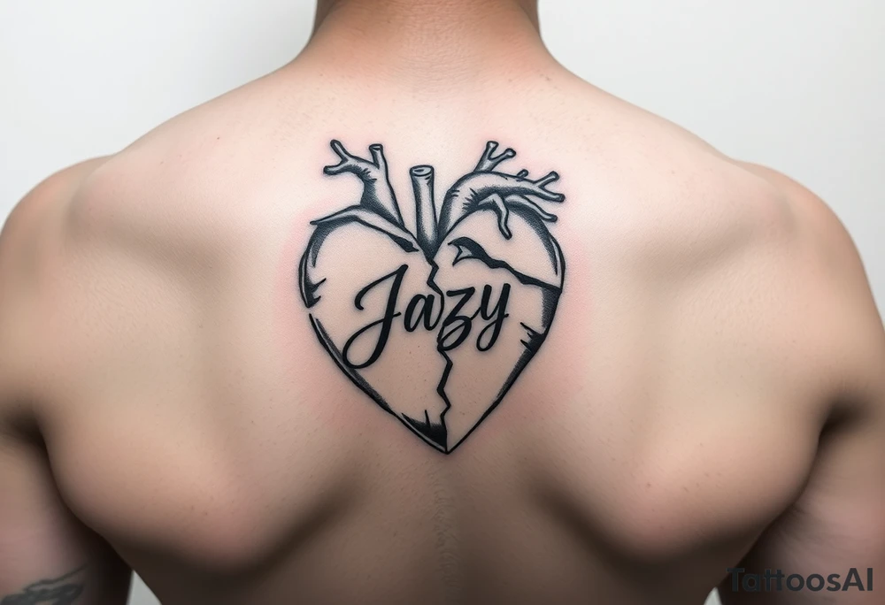 upper arm tattoo -broken heart of a deceased best friend with the name Jazy incorporated tattoo idea