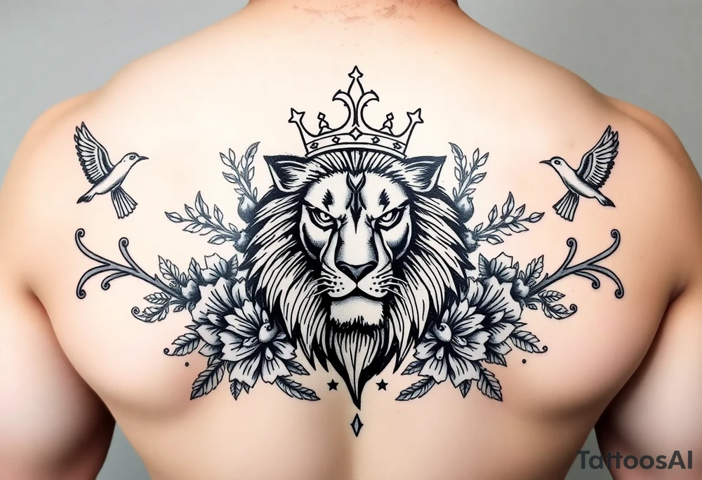 powerful majestic lion with a crown, surrounded by floral ornaments and birds tattoo idea
