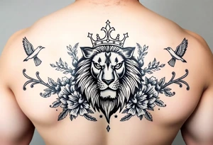 powerful majestic lion with a crown, surrounded by floral ornaments and birds tattoo idea
