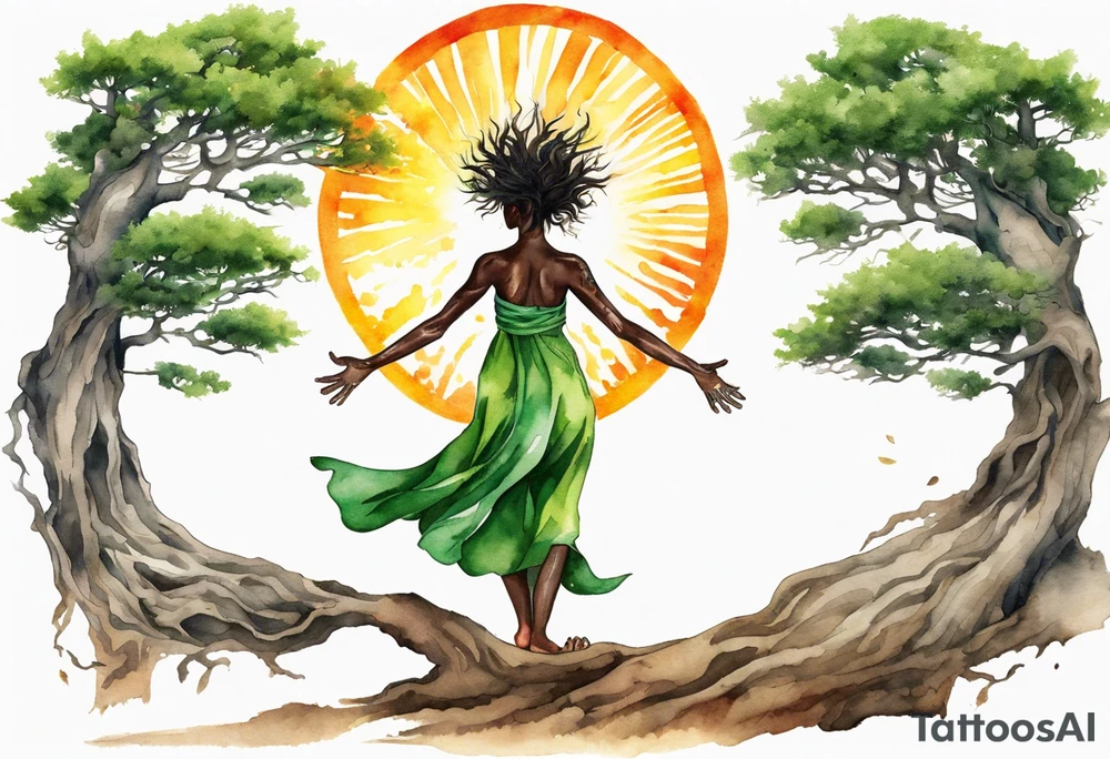 A solitary tree woman with dark skin with green eyes with feet planted in the dirt and branch arms reaching up towards the blazing sun above her tattoo idea