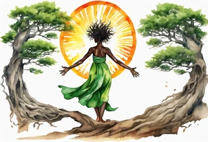 A solitary tree woman with dark skin with green eyes with feet planted in the dirt and branch arms reaching up towards the blazing sun above her tattoo idea