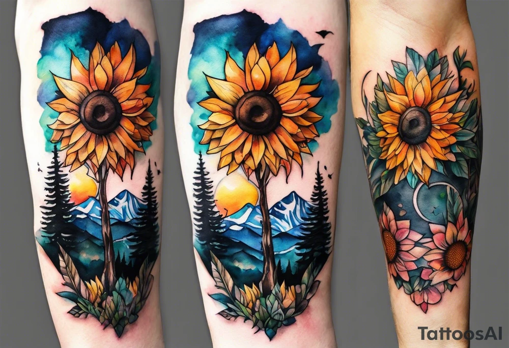 Small Watercolor inside arm tattoo, 4 inches. Black kite (Daya's name), nature (trees/flowers), rock/metal vibe (bold lines), sunflower. Bright colors! tattoo idea
