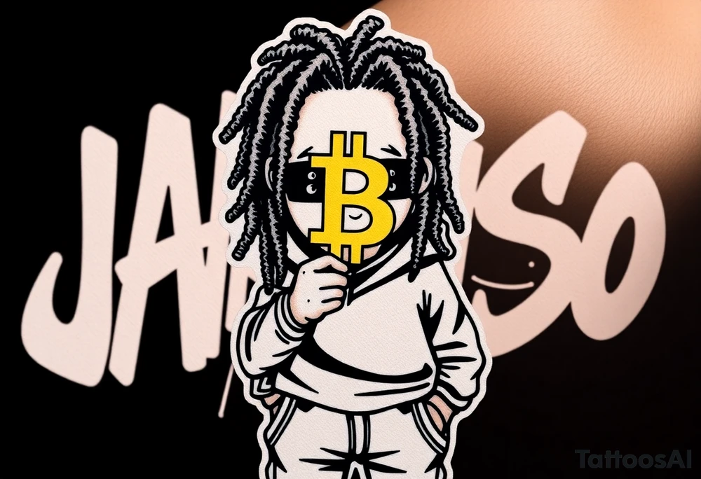 Create a tattoo stencil Use a street-art / pop-art vibe with a cartoon figure with dreadlocs holding a bitcoin to cover his eyes have bold lines, “x” for eyes. make them have on a hoodie and jogger sweatpants have in the background in graffiti letters “Jaruso”.  Can you add PlayStation controls in the background tattoo idea