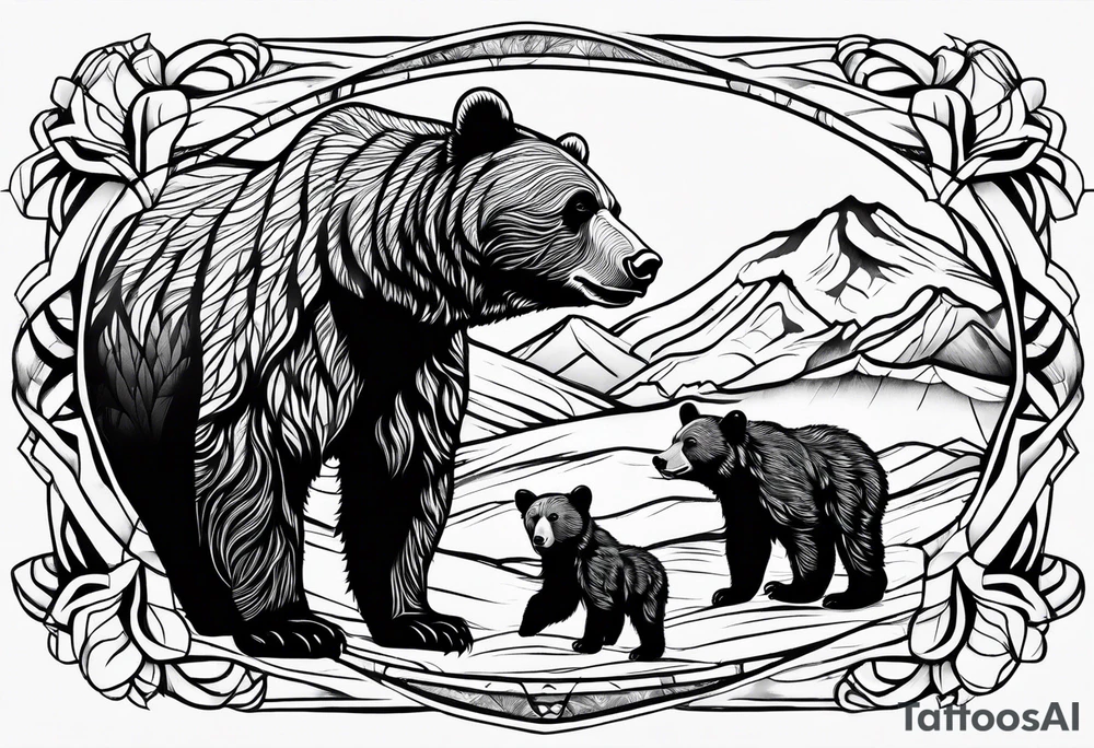 mamma bear and cub with mountains tattoo idea