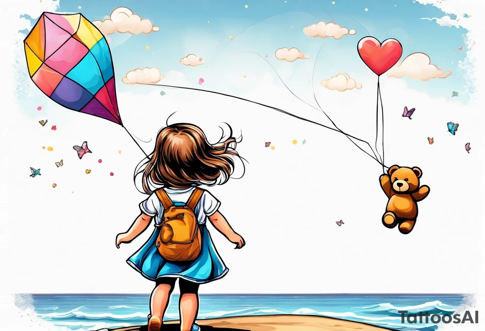 back image of a little girl flying a kite with a teddy bear wearing overalls standing beside her tattoo idea
