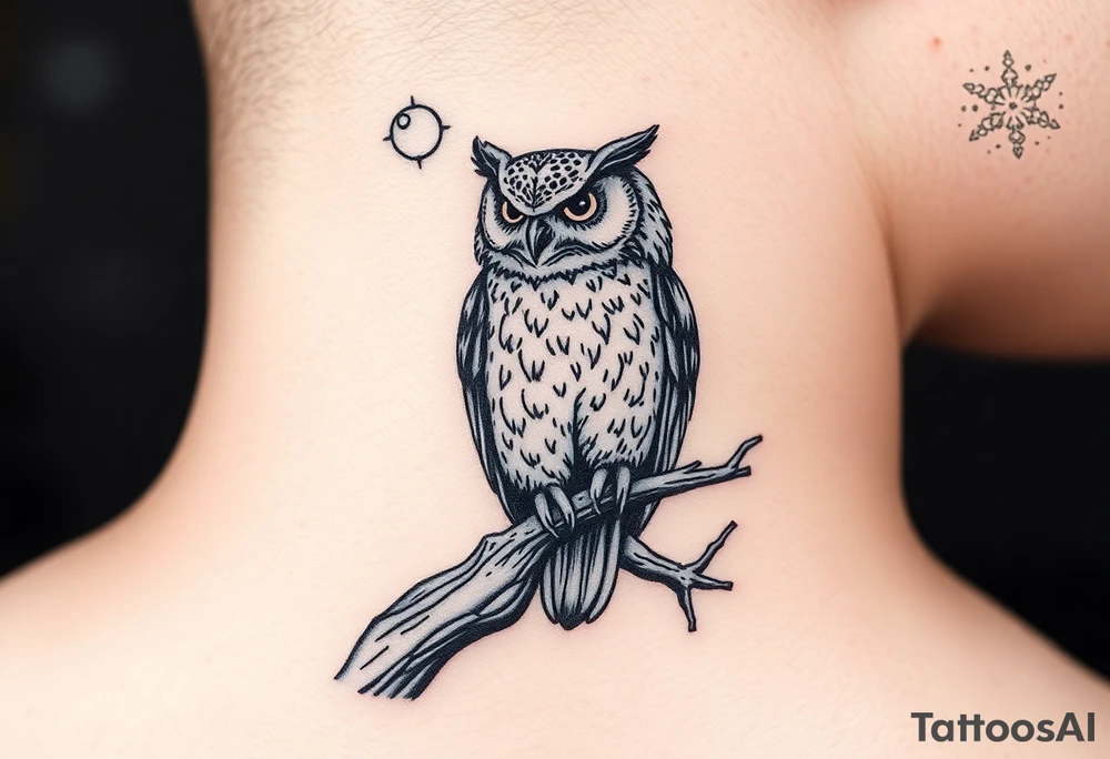 wise owl perched on ancient oak branch under starlit sky tattoo idea