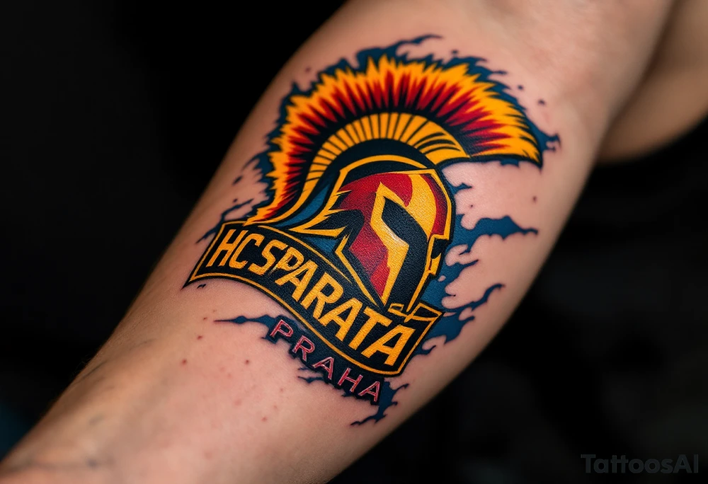 A bold red and yellow HC Sparta PRAHA logo blazing across a muscular forearm with icy blue shading. tattoo idea