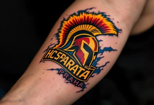 A bold red and yellow HC Sparta PRAHA logo blazing across a muscular forearm with icy blue shading. tattoo idea