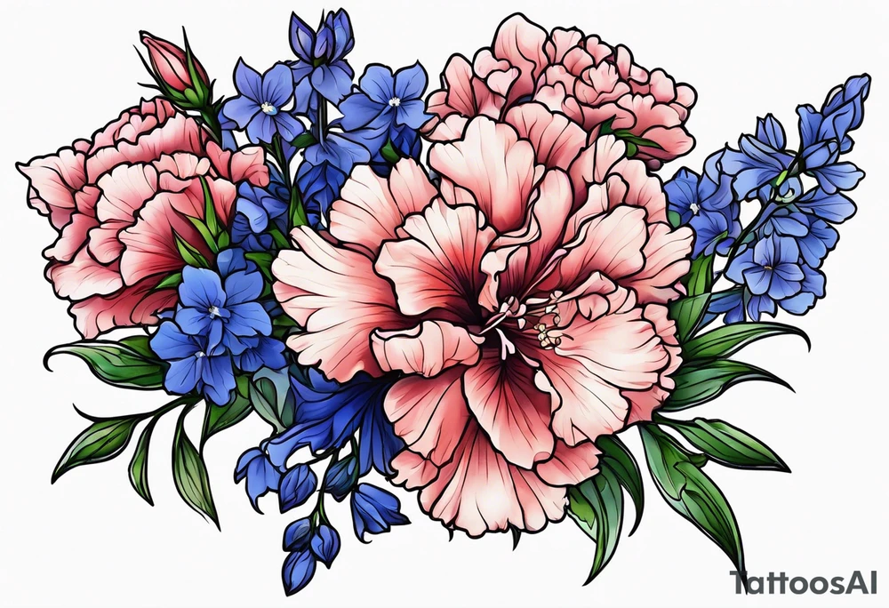 Larkspur flowers and carnation flowers in all color tattoo idea