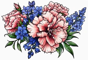 Larkspur flowers and carnation flowers in all color tattoo idea