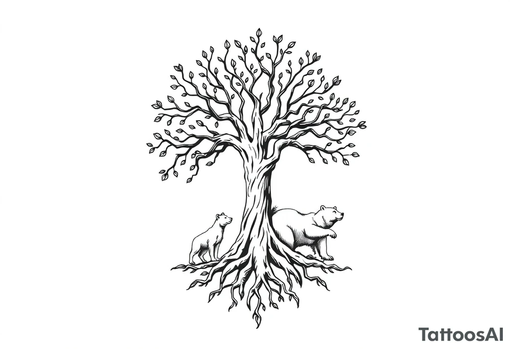 Tree of life with roots and a mother bear with her cub tattoo idea