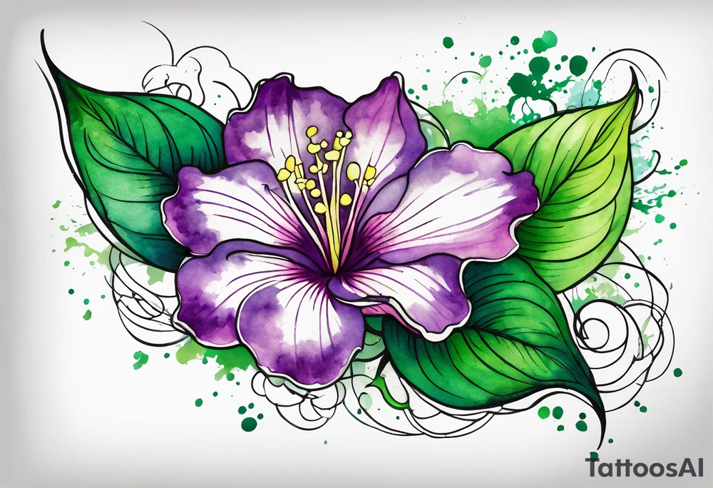 An outline of a green rio dipladenia flower and a green and purple watercolor splash in the background tattoo idea