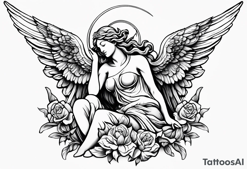 Simple Angel statue stood on a rock with daffodils and roses wrapped around its legs tattoo idea