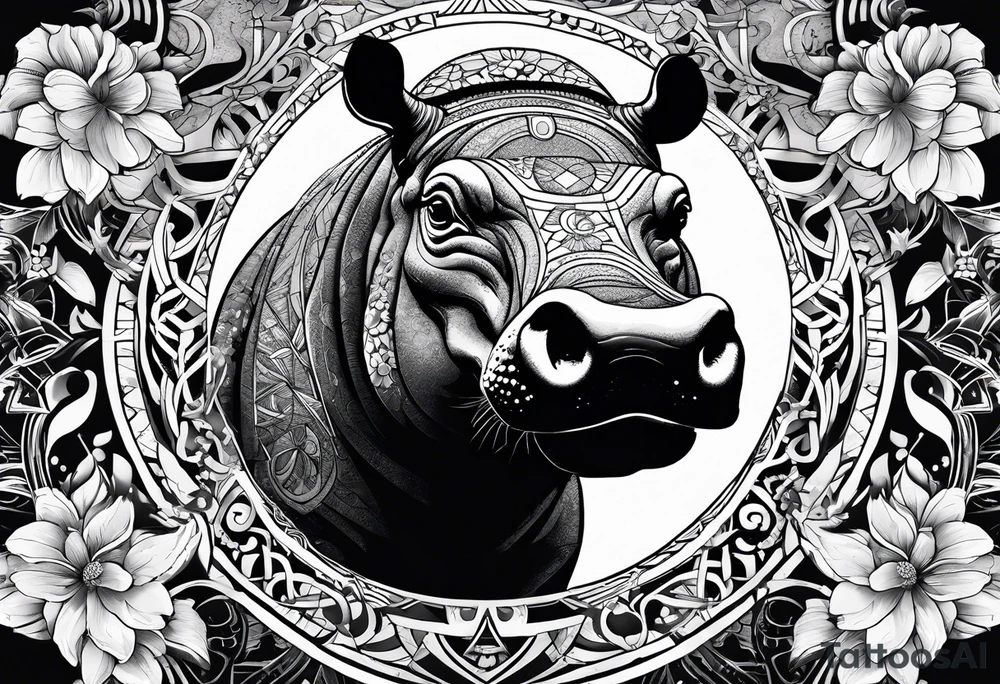 Hippo, flowers, moon, interstella,
Extreme fine lines, tribal, geometric, japanese, artistic tattoo idea