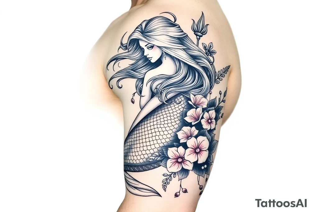 ethereal mermaid with flowing hair among coral and sea flowers tattoo idea