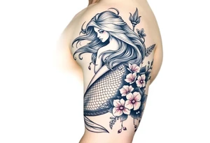ethereal mermaid with flowing hair among coral and sea flowers tattoo idea