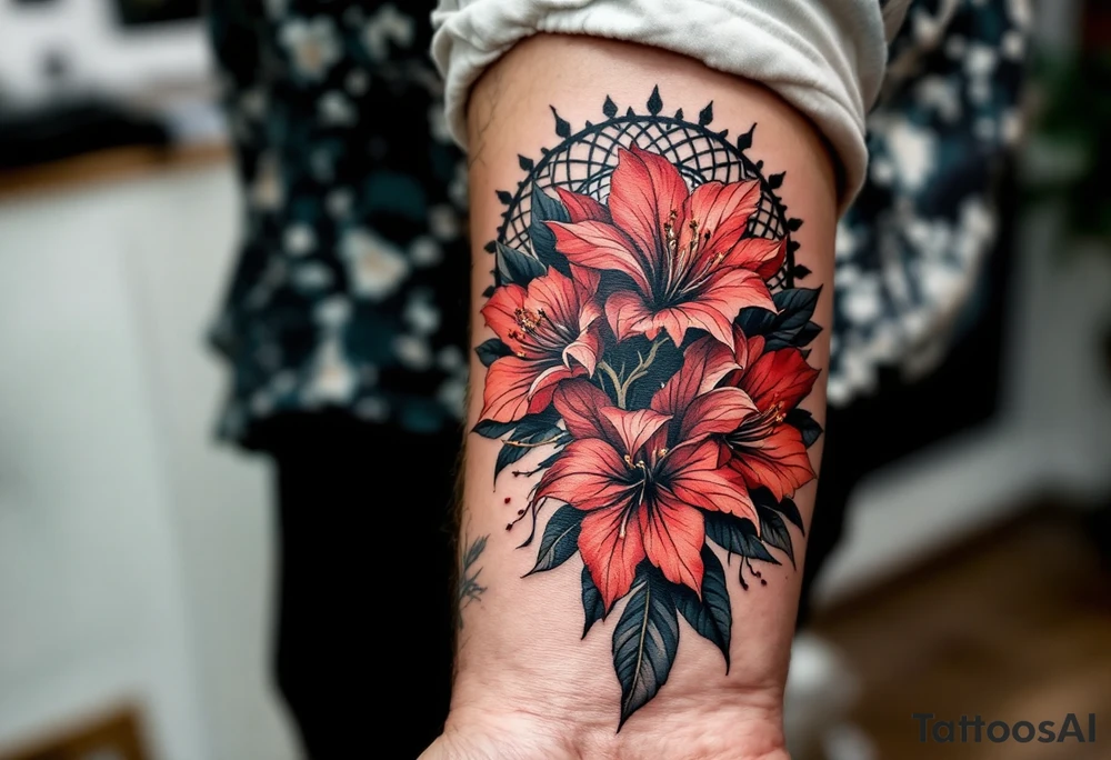 red  and black rhododendron trippy with mandala behind tattoo idea