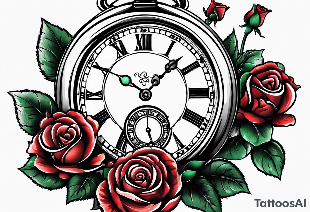 Pocket watch with train and roses tattoo idea