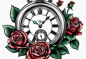 Pocket watch with train and roses tattoo idea