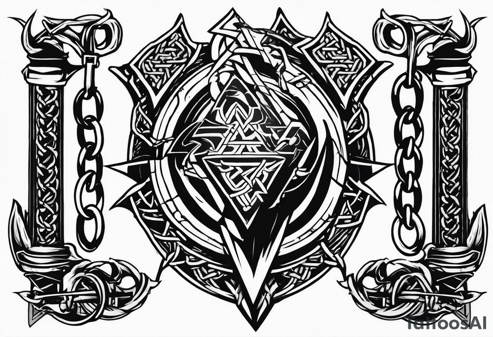 Valhalla sword shield dragon axe Valknut barbed wire chains tattoo idea Valhalla sword shield dragon axe Valknut barbed wire chains tattoo idea