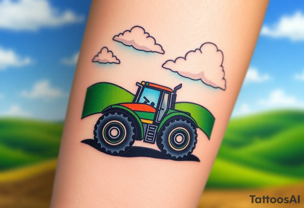 A tractor surrounded by rolling green hills, tractor is under a bright blue sky with white fluffy clouds tattoo idea