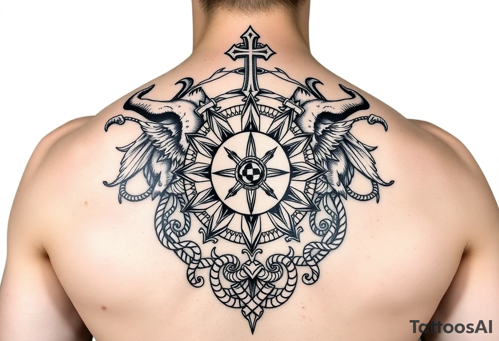 Powerful complex Full back Tattoo, including every Symbol of the 12 Greek gods and some Parts of Celtic rope work. tattoo idea