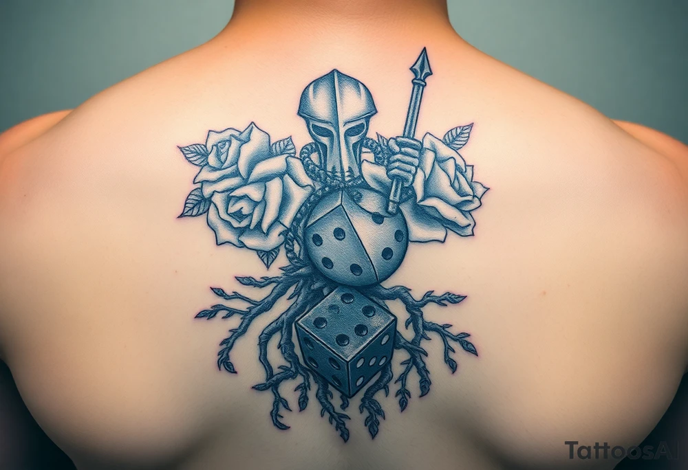 squid, knight intertwined with roses and tree roots rolling dice tattoo idea