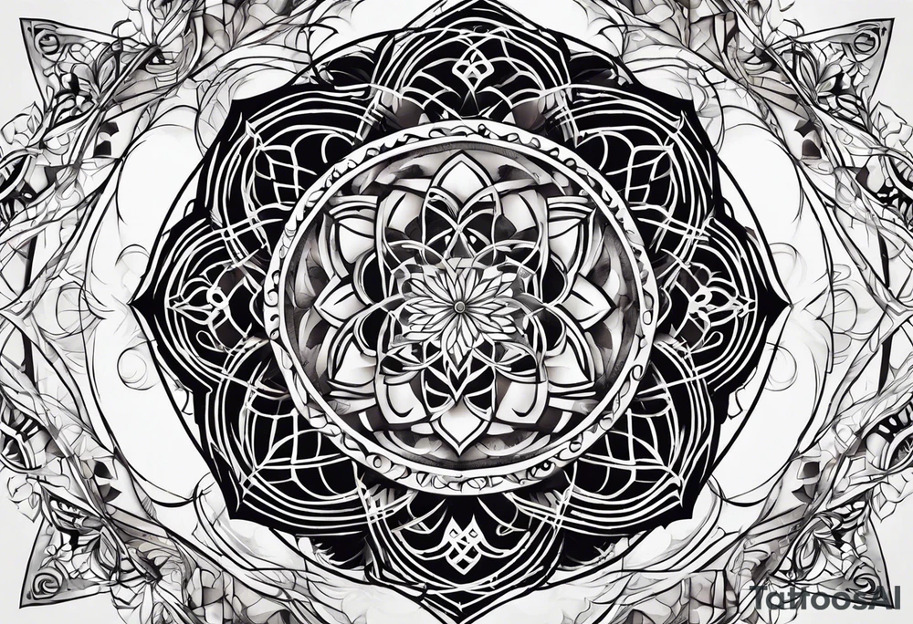 front knee tattoo with sacred geometry, swirls & washes, background tattoo idea