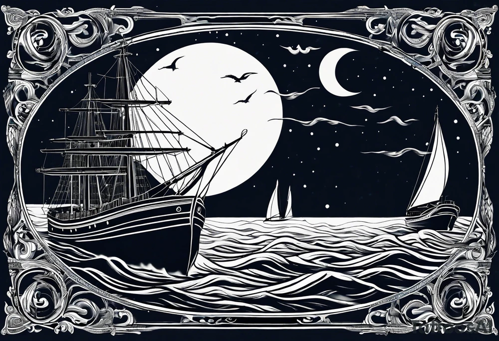 bateau, phare maritime, phoenix et lune bleu. tattoo idea