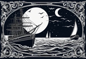 bateau, phare maritime, phoenix et lune bleu. tattoo idea