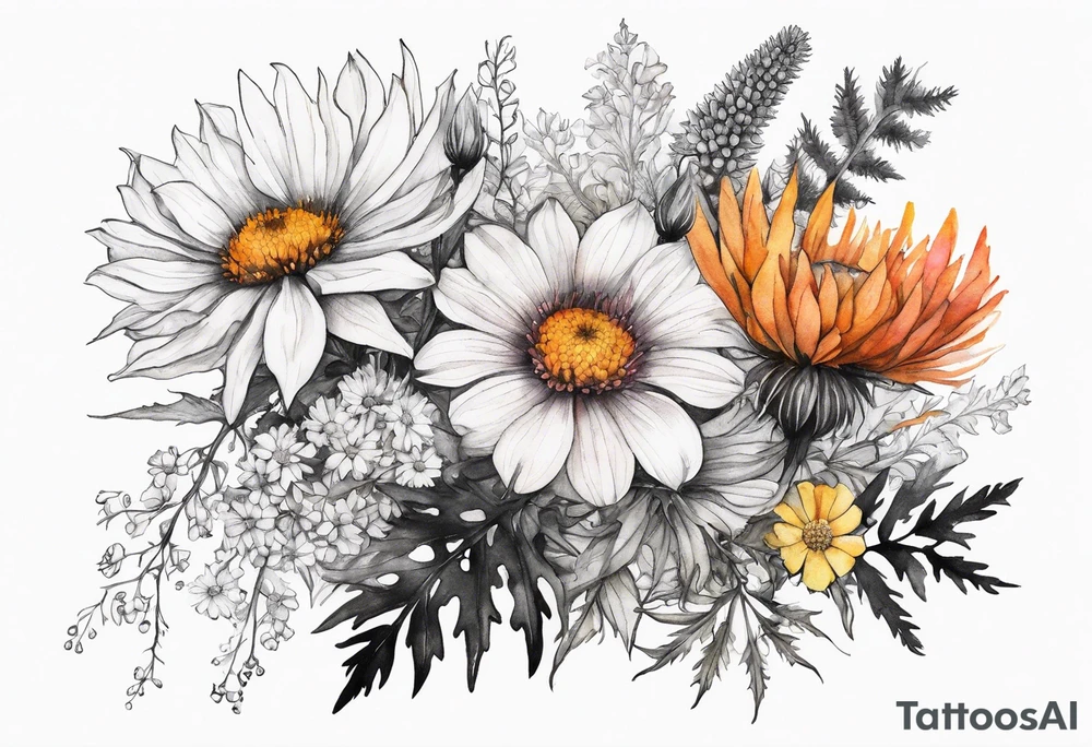 mixed wildflower cascading with thistles, ferns, burnt orange flower, white flowers, pink flowers, and yellow flowers all in watercolor tattoo idea
